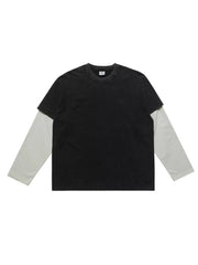 Men's black long sleeve t-shirt with grey sleeves, crew neck, and distressed hem.