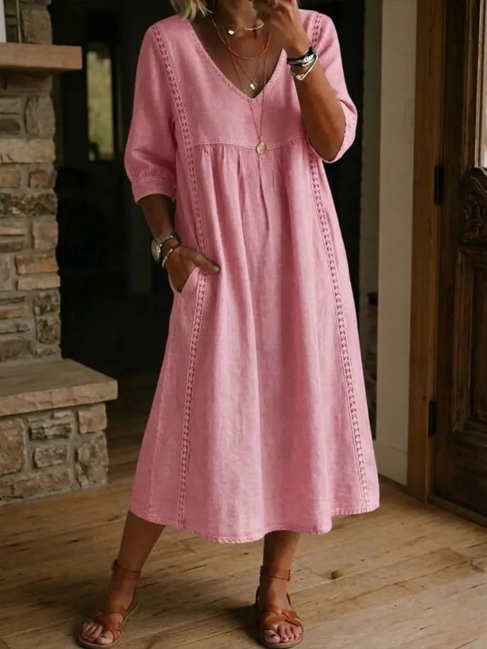 Full Size V-neck 3/4 Sleeve Midi Dress Plus Size, product detail