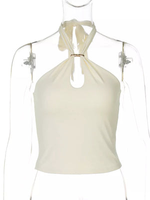Apricot crisscross halter cami with keyhole and gold ring accent