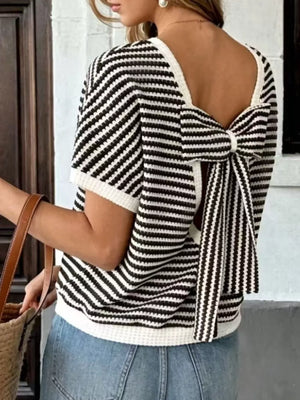 Striped Knit Relaxed Fit T-shirt in Blue, model styling view