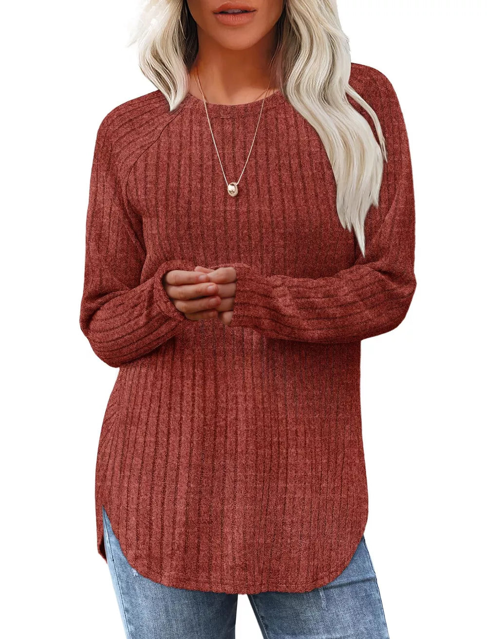 Ribbed knit maternity tee in rust with crew neck and long sleeves, curved hem.