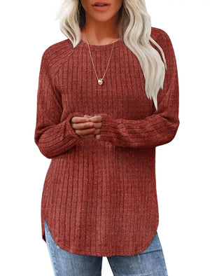Ribbed knit maternity tee in rust with crew neck and long sleeves, curved hem.