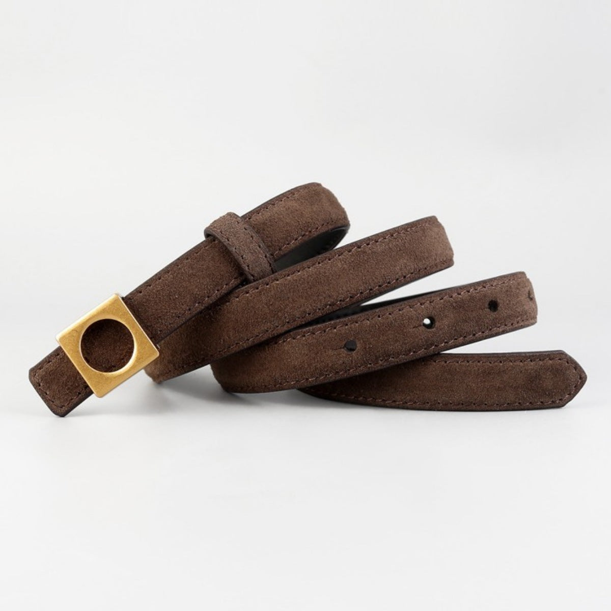 Brown cowhide leather belt with square gold buckle and stitched details.