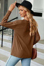 Mocha diamond-textured V-neck blouse with button cuff detail