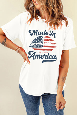 White t-shirt with distressed American flag graphic and "Made In America" text.
