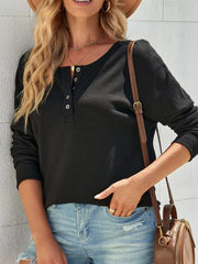 Black textured cotton henley shirt with button detail and long sleeves