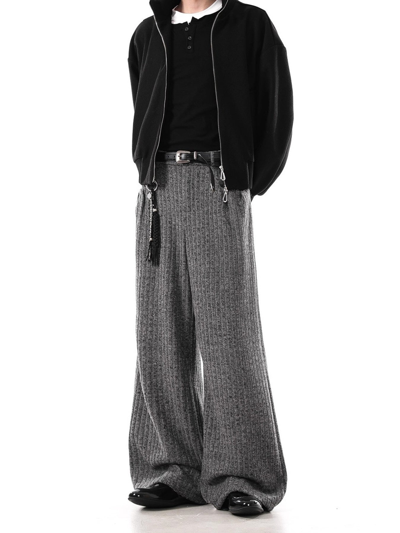Premium Plus Size Ribbed Sweatpants in gray, wide leg, with tassel detail.
