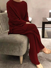 Burgundy ribbed knit sweater and wide-leg pants set, casual comfortable two-piece outfit.
