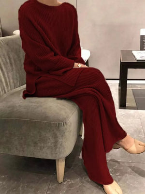Burgundy ribbed knit sweater and wide-leg pants set, casual comfortable two-piece outfit.