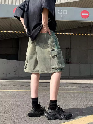 Men's vintage cargo denim shorts in Air Force Blue with braided drawstring and distressed details.
