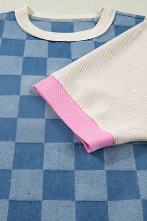 Maternity t-shirt with blue checkered denim front, waffle knit sleeve, and pink trim