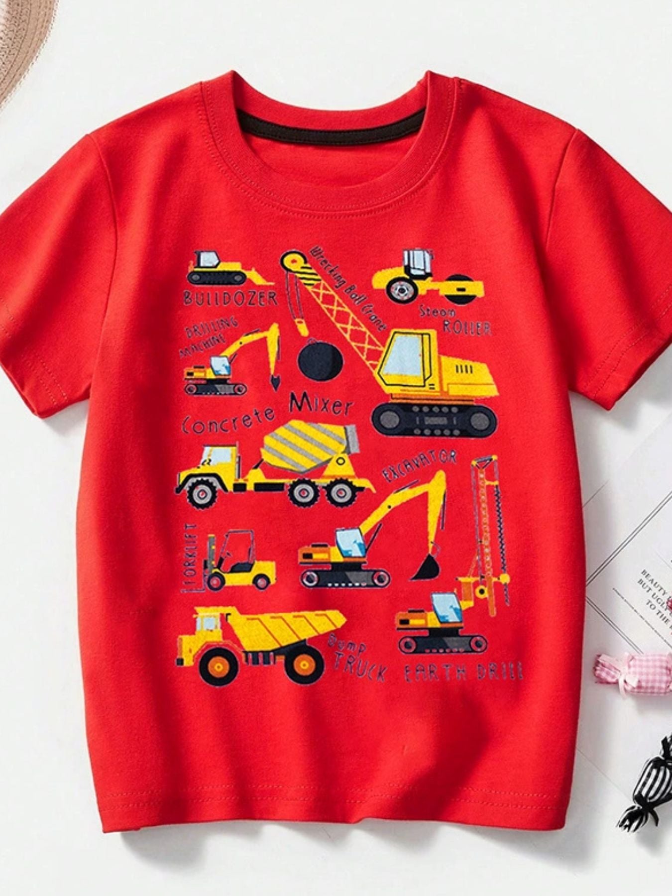 Red cotton crew neck t-shirt for kids with construction vehicle print.