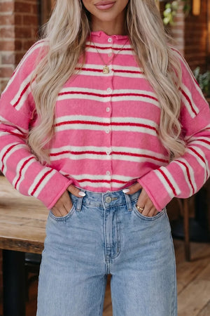 Striped Button-up Cardigan in Pink, back view