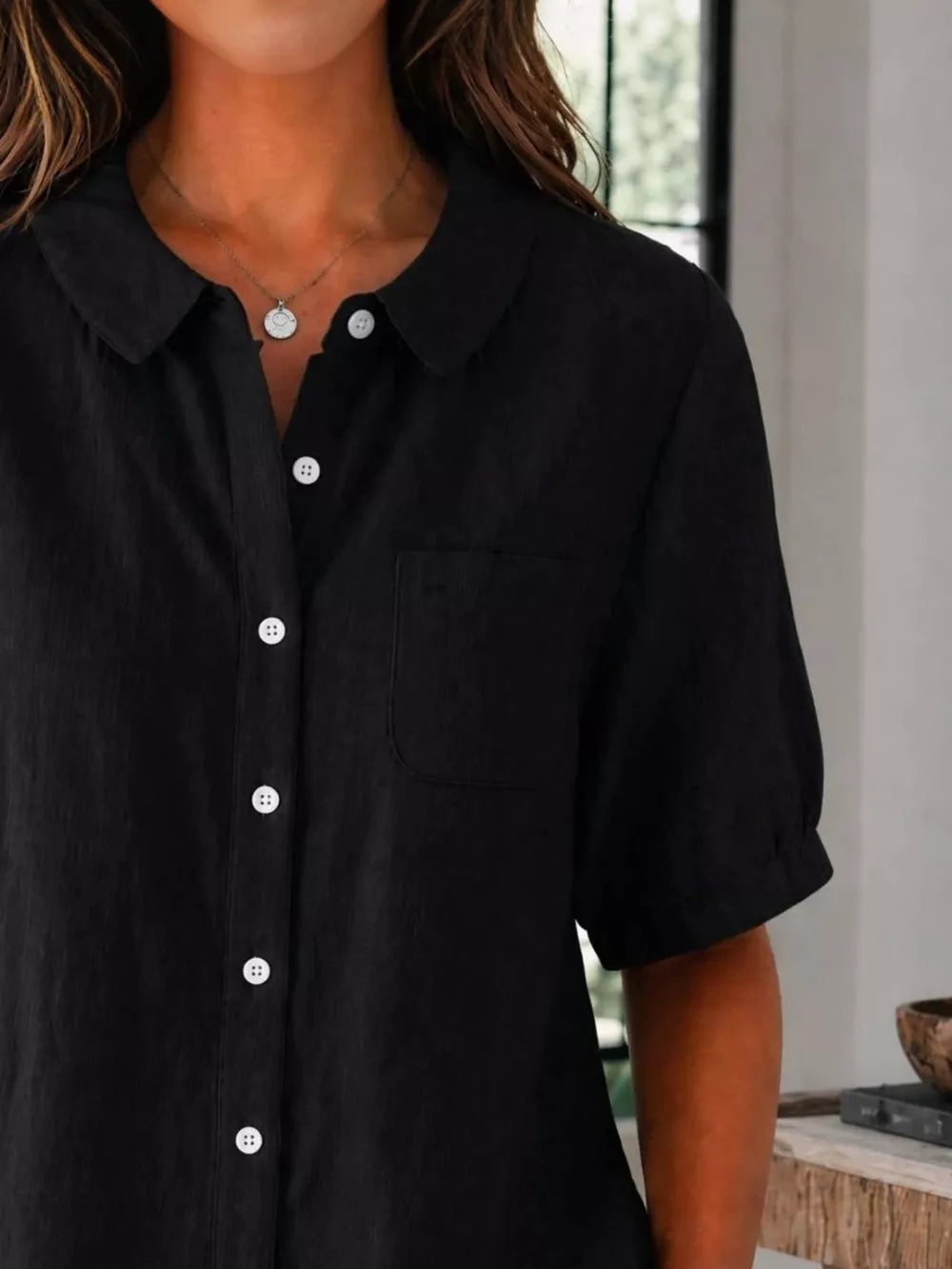 Full Size Button Up Short Sleeve Shirt Plus Size, fabric detail