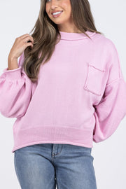Pink knit sweater with puffed sleeves, contrast stitching, and chest pocket.
