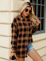 Ochre and black distressed plaid overshirt with relaxed fit and button front.