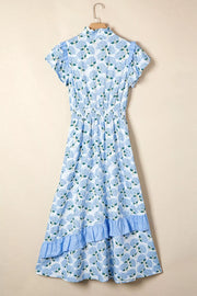 Hydrangea print midi dress with flutter sleeves, ruffled tiers, and smocked waist.