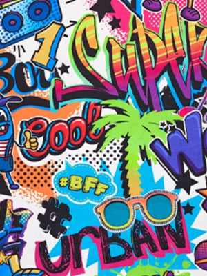 Toddler t-shirt with vibrant graffiti print, featuring sunglasses, palm tree, and #BFF graphic.
