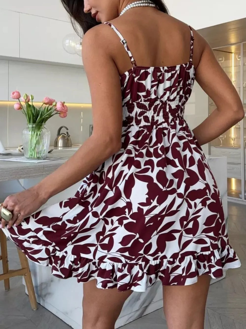 Spaghetti Strap Ruffle Hem Mini Dress in Red, editorial view