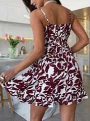 Spaghetti Strap Ruffle Hem Mini Dress in Red, editorial view