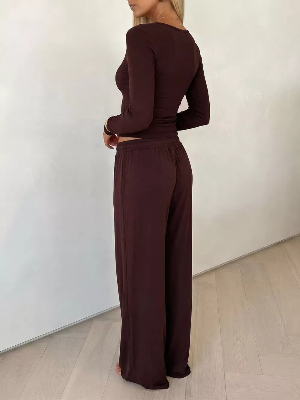 V-neck Long Sleeve Top And Wide-leg Pants Set in Brown, back view