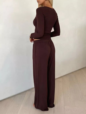 V-neck Long Sleeve Top And Wide-leg Pants Set in Brown, back view
