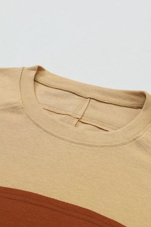 Multi-tonal bishop sleeve shirt in mustard and brown colorblock with crew neck.