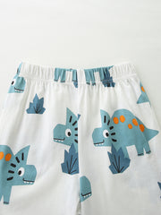 Toddler cotton shorts with blue dinosaur print and elastic waistband.