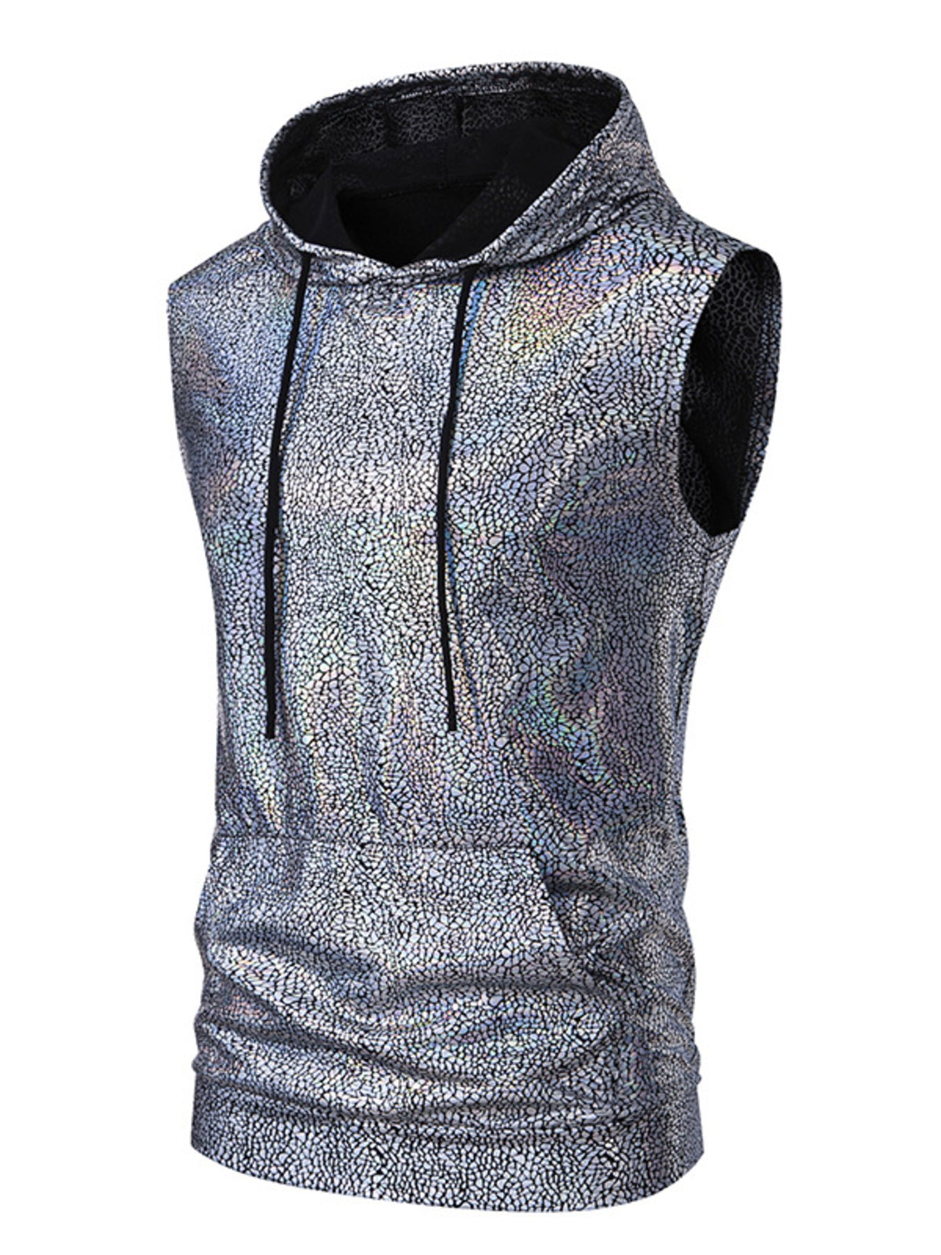 Men's silver iridescent sleeveless hooded tank top with cracked pattern and drawstring.