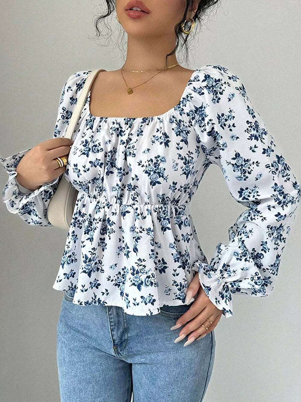 Floral Print Square Neck Peplum Blouse in Floral, front view