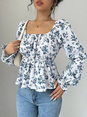 Floral Print Square Neck Peplum Blouse in Floral, front view