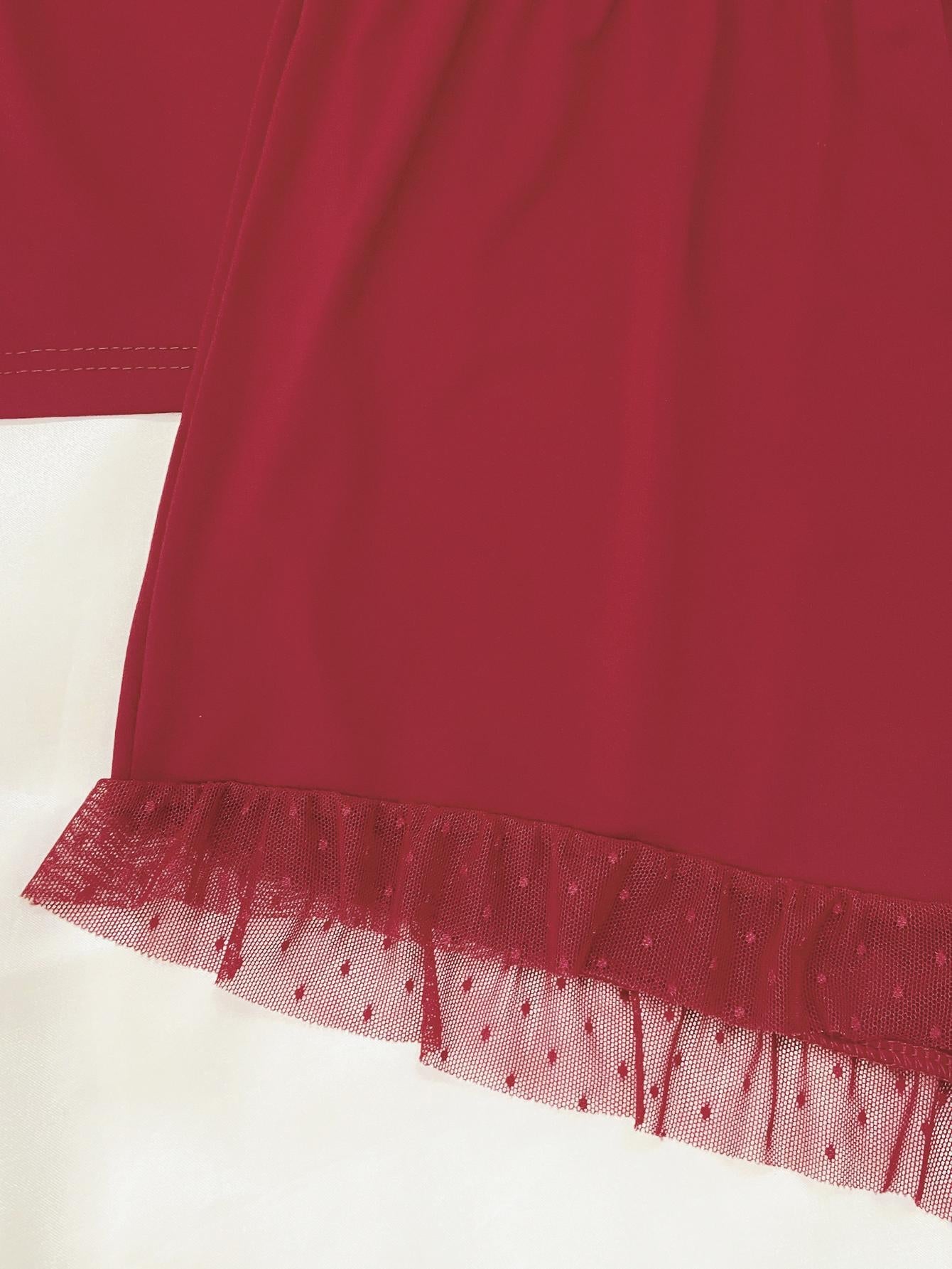 Red loungewear set with ruffled polka dot mesh trim detail