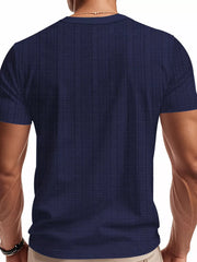Navy blue men's t-shirt with subtle grid pattern and crew neck.