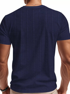 Navy blue men's t-shirt with subtle grid pattern and crew neck.