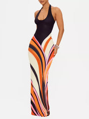 Elegant Halter Maxi Dress With Artistic Print