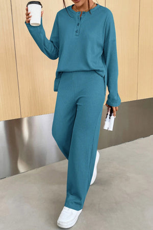 Teal ribbed henley set with button detail and wide leg pants