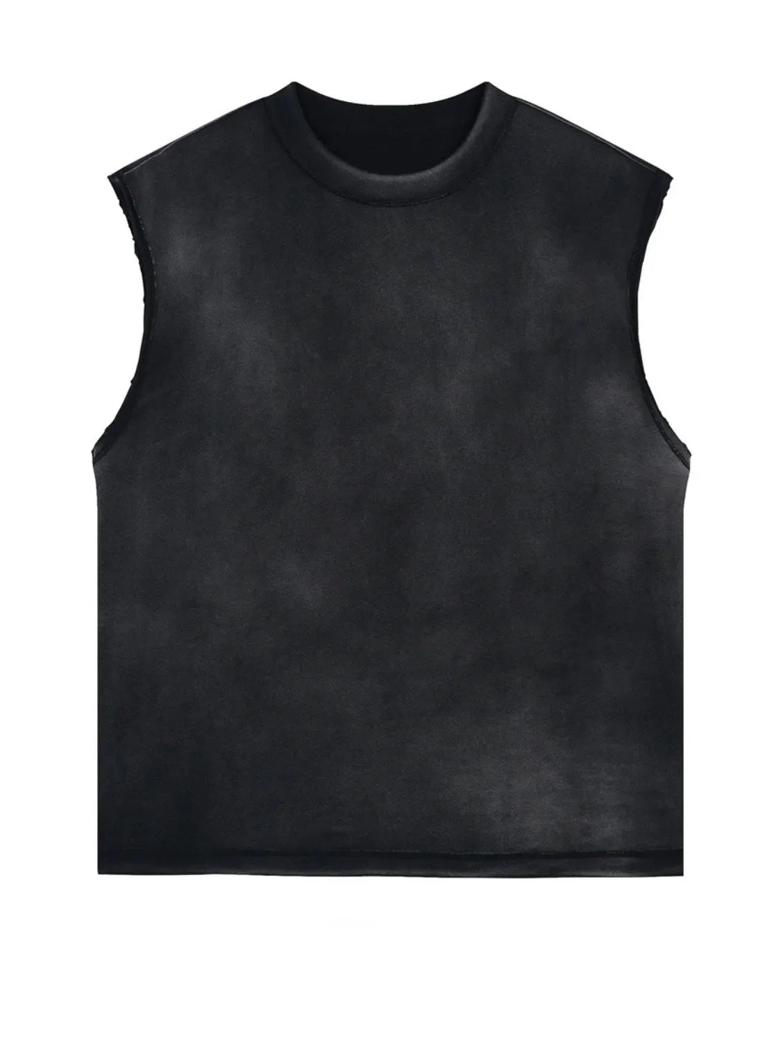 Washed cotton cut-off tank top in black with a crew neck and raw hem sleeves.