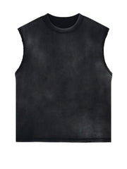 Washed cotton cut-off tank top in black with a crew neck and raw hem sleeves.
