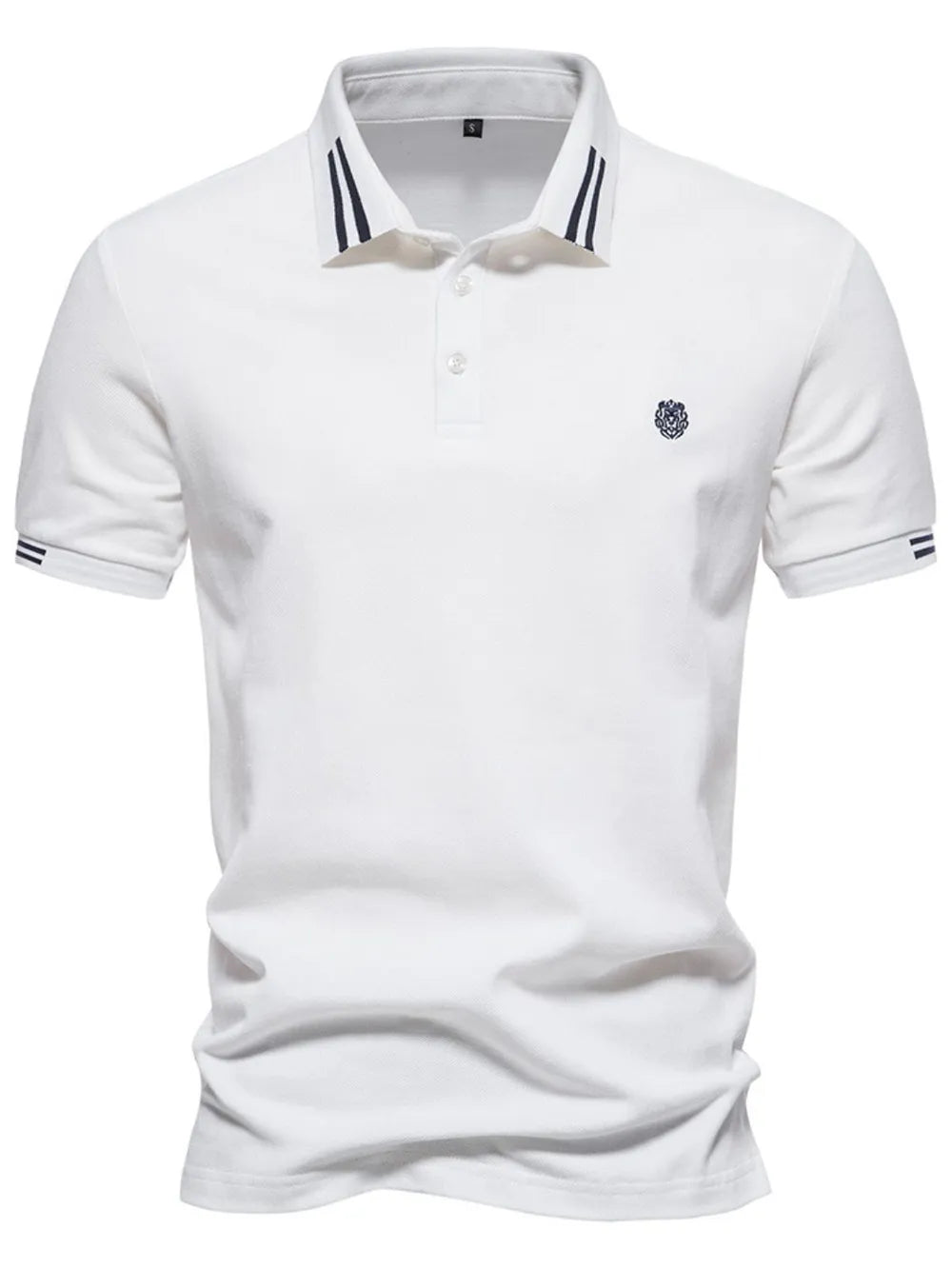White textured polo shirt with striped collar and sleeve detail