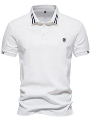 White textured polo shirt with striped collar and sleeve detail