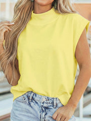 Yellow mock neck cap sleeve t-shirt with a relaxed fit.