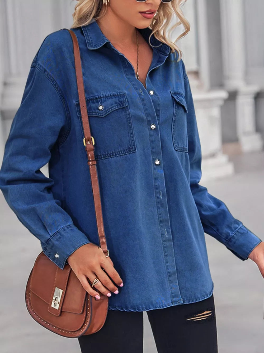 Light blue washed denim maternity overshirt with snap pockets and classic collar.