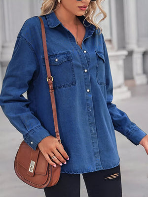 Light blue washed denim maternity overshirt with snap pockets and classic collar.