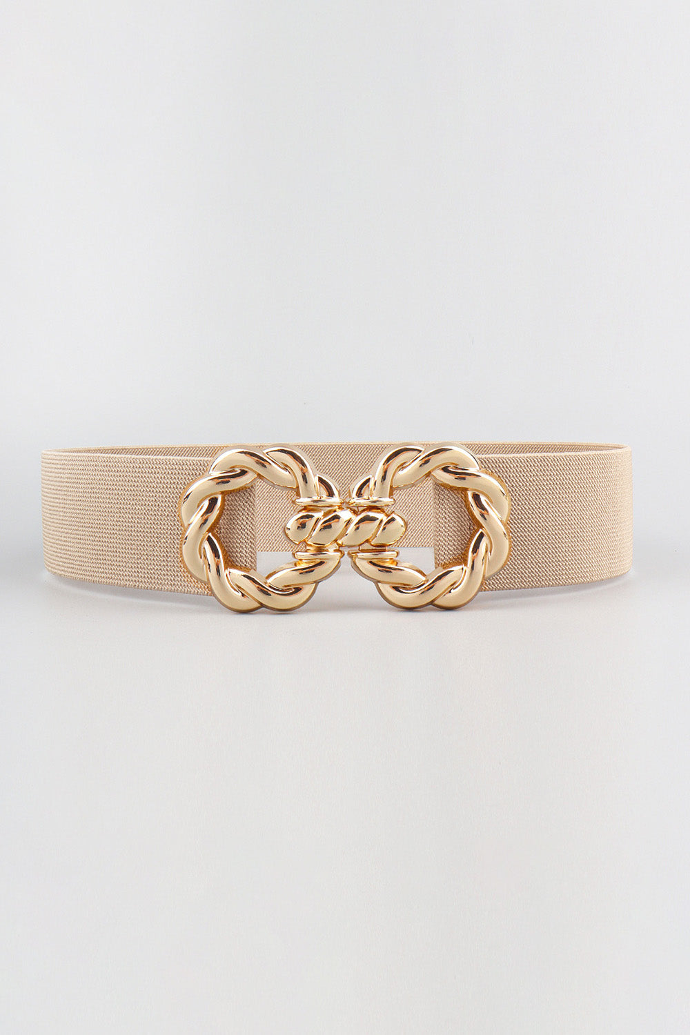 Tan braided stretch belt with gold alloy knot buckle detail