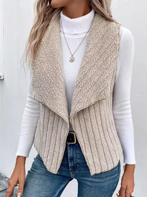 Textured teddy collarless vest in Dust Storm with ribbed detail and shawl collar.