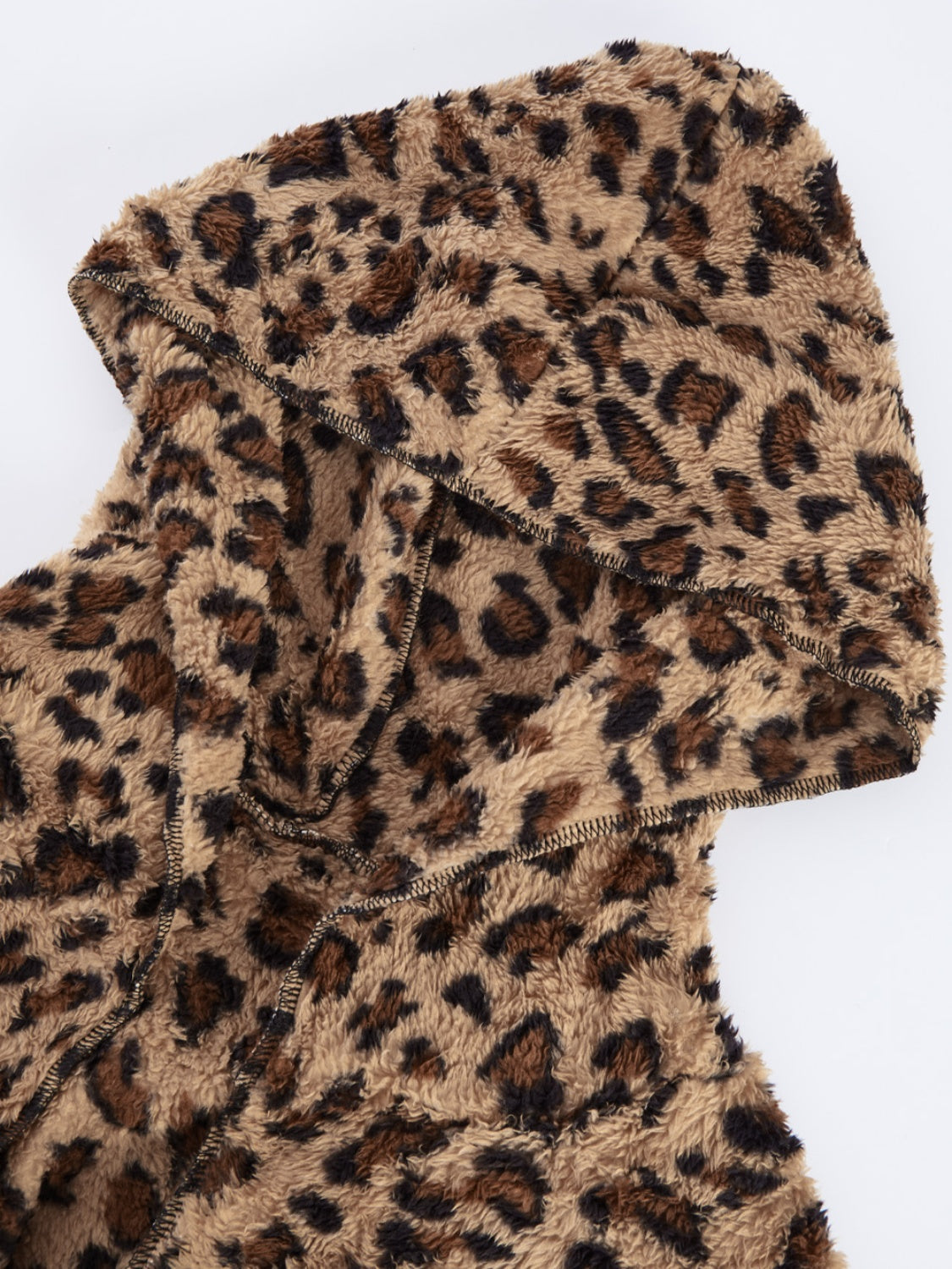Leopard print plush hooded cardigan with fuzzy texture and visible stitching details.