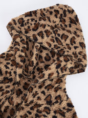 Leopard print plush hooded cardigan with fuzzy texture and visible stitching details.