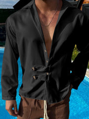 Black long-sleeve men's cotton shirt with button detail and open collar.