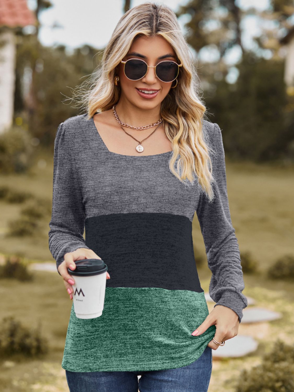 Square neck colorblock blouson top in gray, black, and gum leaf green with ruched sleeves.