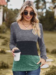 Square neck colorblock blouson top in gray, black, and gum leaf green with ruched sleeves.